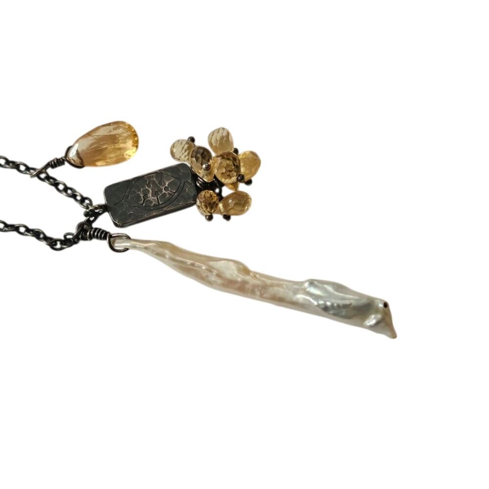Artisan Sterling Silver Biwa Stick Pearl Citrine Pendant Necklace 26.5"